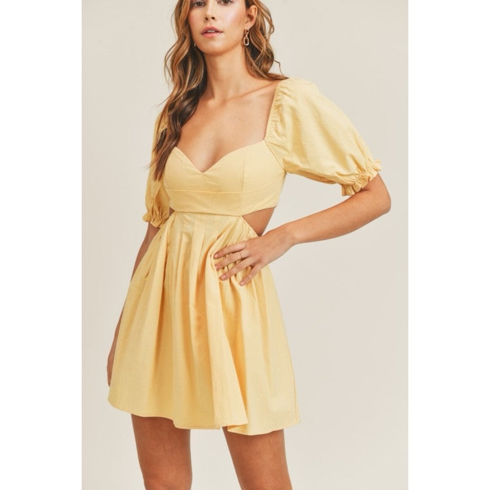 Mable Yellow Strappy Open Back Puff Sleeve Mini Dress - Picture 3 of 12